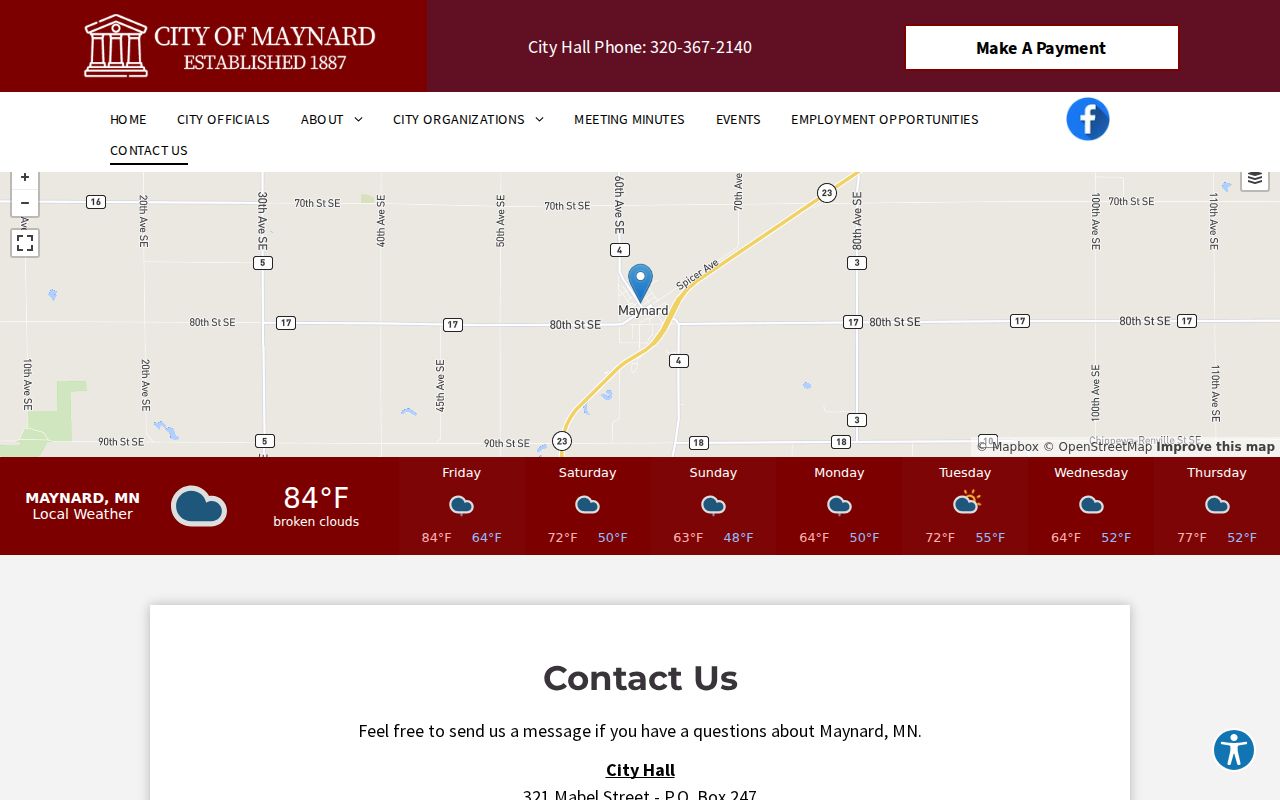 Maynard warrant records: the official city contact page that lists city hall phone and fax details