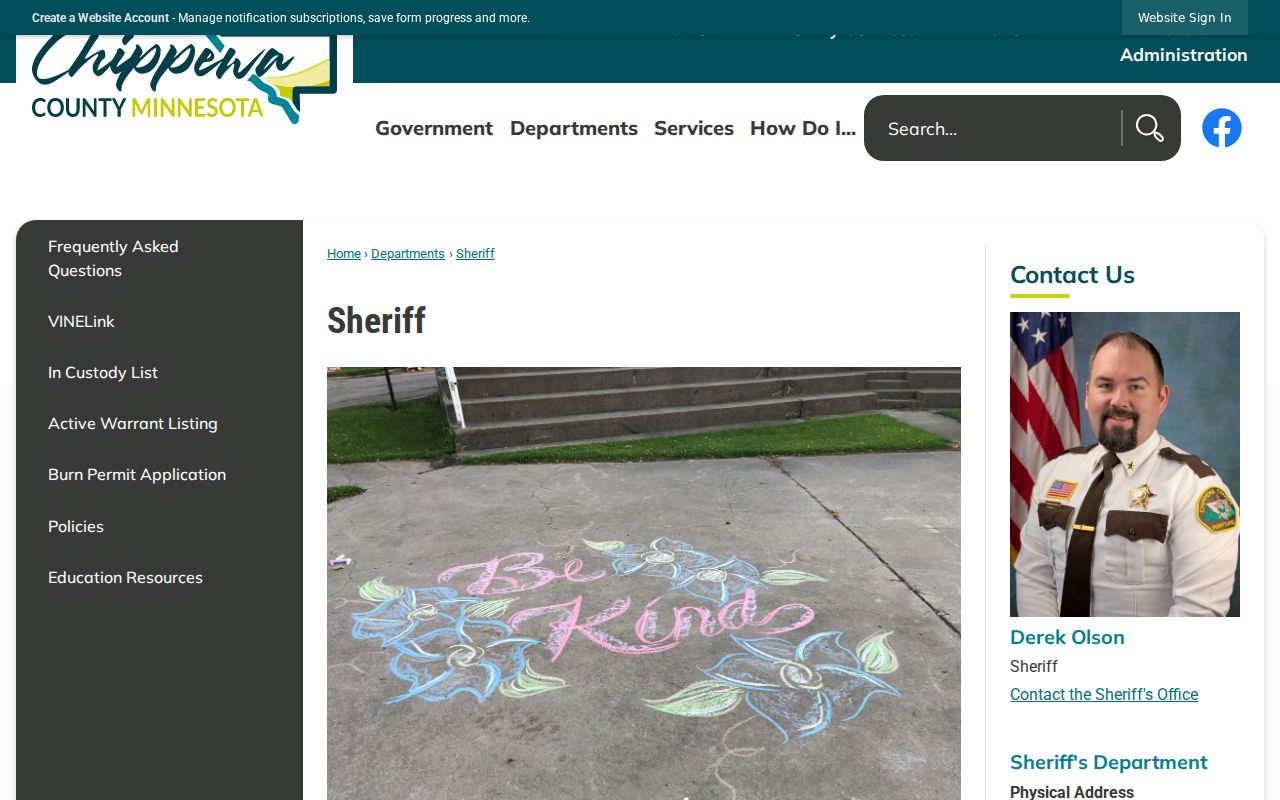 Chippewa County warrant records: the sheriff's office page that links the active warrant list