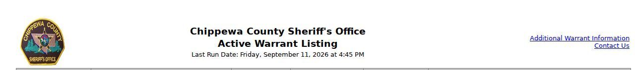 Chippewa County warrant records: the sheriff's static active warrant listing interface